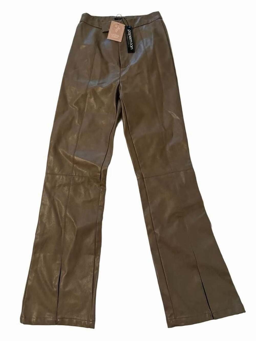 Papermoon Faux Leather Pants Womens S Brown High Rise Flare Y2K Split Hem NWT